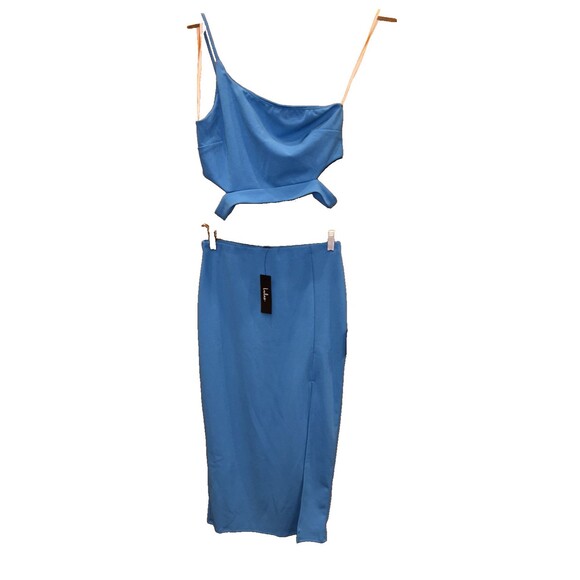 Lulus Two Piece Skirt Set Midi One Shoulder Crop Top Blue L Lined Slit NEW - Picture 1 of 14